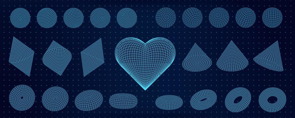 3D abstract grid shapes with wireframe mesh patterns. Heart, torus, cones highlight cyberpunk Y2K geometry and neon tech style. Psychedelic retro futuristic art elements on dark background