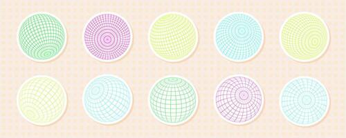 Collection of 3D spheres featuring grid and wireframe patterns. Abstract y2k sticker style with geometric, mesh globe elements in vibrant pastels and neon colors. vector