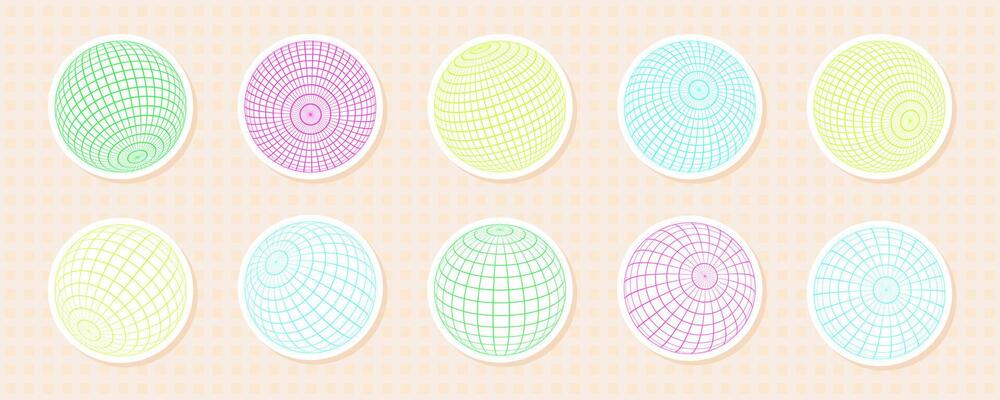 Collection of 3D spheres featuring grid and wireframe patterns. Abstract y2k sticker style with geometric, mesh globe elements in vibrant pastels and neon colors.
