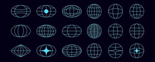 Cyberpunk 2D wireframe spheres and globes with mesh grids. Abstract geometric sphere net in neon blue. Y2K futuristic elements with a digital and surreal design aesthetic. vector