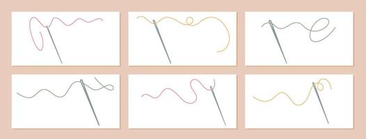 Thread and needle composition set with needles threaded with colorful threads. This collection showcases the essentials of sewing, with tailor needles, thread, and sewing crafts. vector