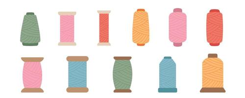 Colorful set of thread spools, perfect for using with a needle to sew various textiles. Tailors rely on these spools and bobbins for sewing projects, ensuring a vibrant yet cohesive craft process. vector