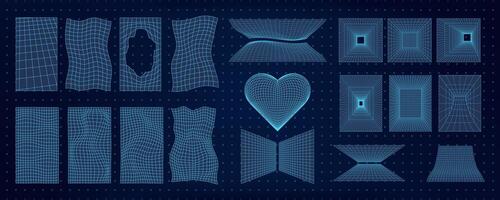Abstract wireframe 3D shapes including mesh grids, hearts, and tunnels. Y2k retro geometric design elements with a tech and cyberpunk style. Futuristic grid patterns and surreal forms. vector