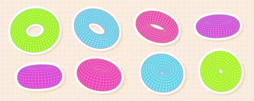 Set of neon 3D torus shapes with grid and wireframe mesh patterns. Abstract and futuristic y2k donut sticker style, with vibrant and psychedelic cyberpunk elements. vector