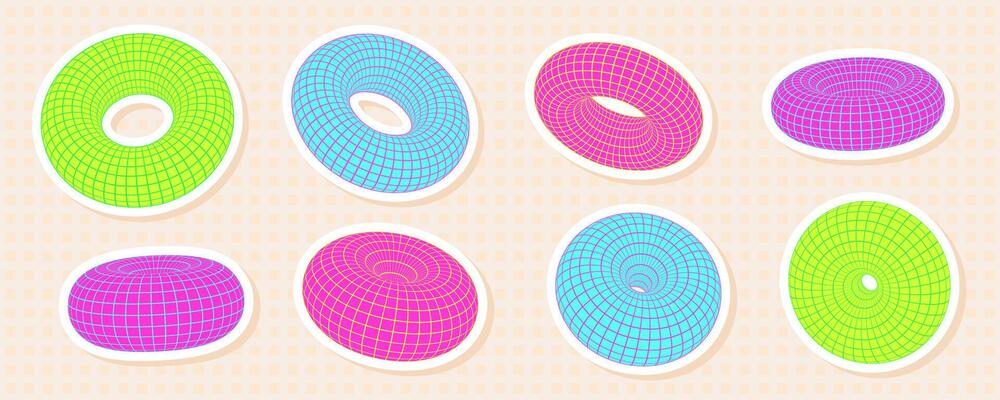Set of neon 3D torus shapes with grid and wireframe mesh patterns. Abstract and futuristic y2k donut sticker style, with vibrant and psychedelic cyberpunk elements.