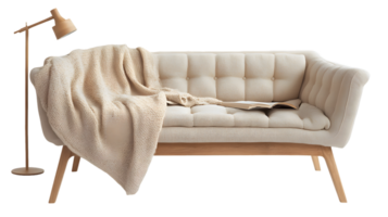 Elegant Beige Couch with Cozy Blanket and Stylish Floor Lamp in Modern Living Room Setting png