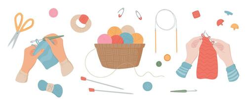 Hands knitting and crocheting with thread, a basket of yarn with scissors, buttons, and sewing needles for embroidery isolated at white background. Elements are set for cute handmade tailor projects. vector