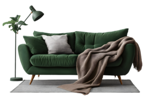 Stylish Green Sofa With Decorative Pillows And Cozy Blanket On A Patterned Rug png