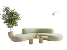 Modern Minimalist Living Room Setup with Soft Green Sofa, Wooden Table and Stylish Lamp png