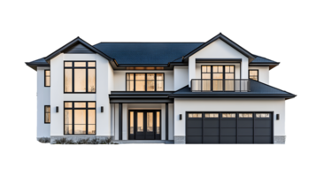Modern Two-Story House with Large Windows and Stylish Garage Surrounded by Warm Illumination png