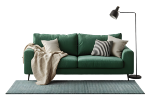 Modern Green Sofa with Throw Pillows and Soft Blanket on Patterned Rug with Lamp png
