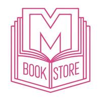 Logo design, open book shape, letter M, bookstore branding, minimalist, pink outline, white background, simple typography, geometric, stylized, modern, clean lines, symmetrical, iconic, graphic style vector