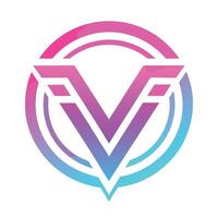 Logo design, circular emblem, geometric V shape, bold lines, gradient colors, pink to blue transition, vector
