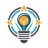 Logo design, light bulb icon, circular emblem, yellow and blue color scheme, geometric shapes, arrows pointing outward vector