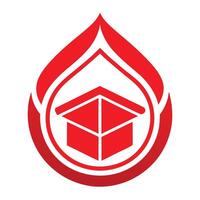 Red droplet logo, geometric design, open box icon, flame shape, minimalist, clean lines, bold graphic, vector