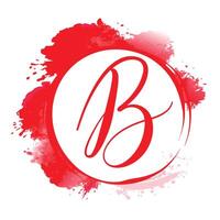 Logo design, cursive letter B, red watercolor splash background, white circular frame, bold and dynamic, minimalist vector