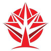 red geometric logo, stylized tree shape, abstract star burst, minimalist design, sharp angles, symmetrical composition vector