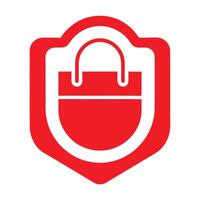 Red icon, shopping bag, shield shape, minimalist design, bold graphics, e-commerce symbol, vector
