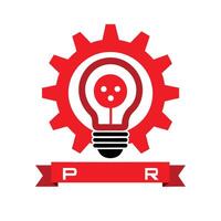 Logo design, red and white color scheme, lightbulb icon, gear symbol, industrial style, innovation concept, minimalist, clean lines, ribbon banner, PR initials, corporate branding, vector