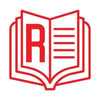 Red minimalist icon, open book symbol, large letter R, simplified lines, geometric design, educational logo, reading concept, white background vector