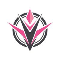 Logo design, geometric shapes, pink and black color scheme, abstract V shape, sharp angles, symmetrical composition, vector