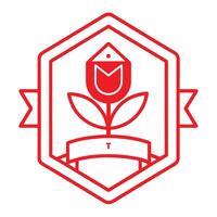 Red minimalist logo, geometric hexagon shape, stylized tulip flower, simple banner, clean lines, graphic, flat design, vector
