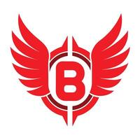Logo design, stylized letter B, red wings, emblem, symmetrical, bold, minimalist, aviation-inspired, corporate identity, graphic, sharp edges, dynamic, modern, striking, iconic vector