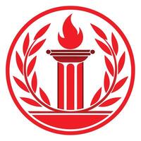 Red circular emblem, classical torch icon, laurel wreath, minimalist design, bold lines, symmetrical composition, vector