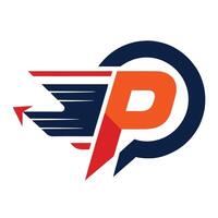 Logo design, stylized letter P, abstract eagle wings, red and orange gradient, navy blue accents, dynamic motion lines, vector