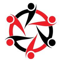 Abstract logo, unity symbol, red and black figures, circular formation, teamwork concept, minimalist design, stylized human forms, interconnected shapes, vector