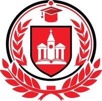 Logo design, university crest, red and white color scheme, graduation cap, laurel wreath, academic building silhouette, vector