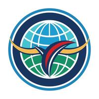 Logo design, globe icon, stylized bird wings, circular emblem, aviation theme, blue and green color scheme, vector
