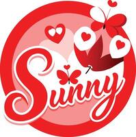 Stylized red and pink logo, Sunny text in cursive, butterflies wiwings, floating heth heart-shaped art speech bubbles, vector