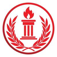 Red circular emblem, Greek column with flame, laurel wreath, academic symbol, minimalist design, flat graphic, vector