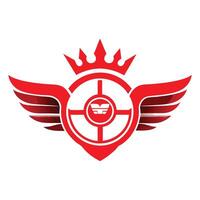 Red emblem, winged crest, crown symbol, target design, shield shape, iconic logo, gradient shading, vector
