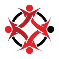 Abstract logo, stylized human figures, red and black colors, circular design, unity symbol, teamwork concept, minimalist artwork, geometric shapes vector