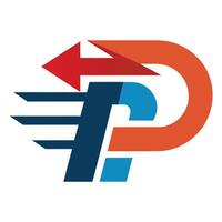Abstract logo design, stylized letter P, arrow shape, dynamic movement, red and orange gradient, navy blue accents, geometric shapes, minimalist, modern corporate branding, clean lines, bold colors vector