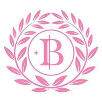 Pink logo design, monogram letter B, circular emblem, laurel wreath, symmetrical layout, elegant typography vector