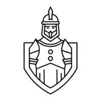 Medieval knight icon, minimalist line drawing, shield-shaped emblem, armor details, helmet with pointed top vector