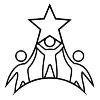 Minimalist logo design, black and white, three stylized human figures, central figure reaching for a star, vector