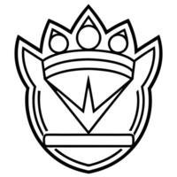 Black and white logo, shield shape, crown motif, geometric design, minimalist, symmetrical, heraldic emblem, abstract icon, sharp lines vector