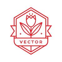 red line art, minimalist logo design, tulip flower icon, hexagonal badge, ribbon banner, text, clean geometric shapes, vector