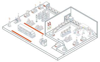 Smart logistics and automated warehouse operations, featuring AGVs and AMRs for robotic material handling and transportation. vector