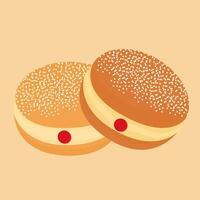 Bomboloni's illustration features two golden donuts with toppings and cream filling, perfect for menu visuals, branding or dessert themed artwork vector