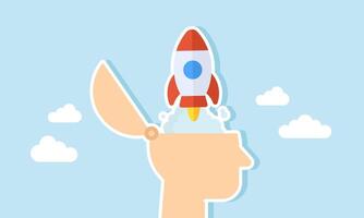 A rocket launching from inside a head, illustration of emerging business ideas and innovations vector