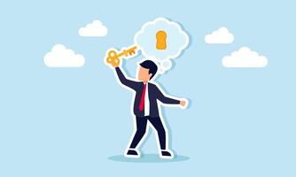 Businessman intends to insert a key into a keyhole in his imagination, illustration of the key or solution to business problems vector