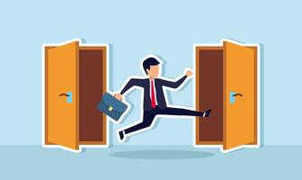 A businessman exits one door and intends to enter another, illustration of switching to another business field vector