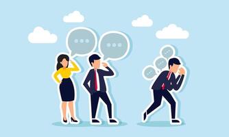 Two businessmen are discuss something, create chat dialogs, while another businessman looks frustration as negative messages, illustration of frustration from business criticism vector