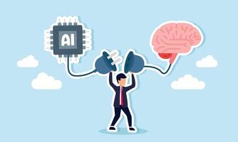 Businessman intends to connect a connector linked to both an AI chip and a brain, illustration of AI applications for simplifying and improving business efficiency vector