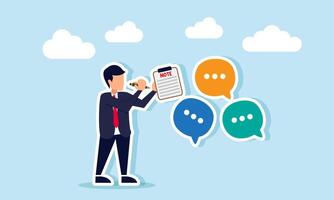 Businessman writing down chat dialogues on a note board, illustration of documentation and recap in recording business performance feedback vector
